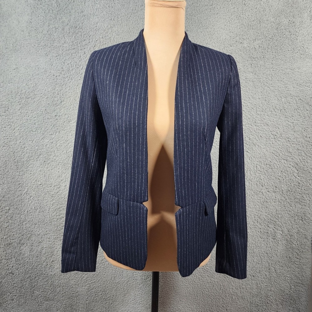 H&M Wool Blend Blazer Womens 2 Blue White Pinstripe Open Front Preppy Academia